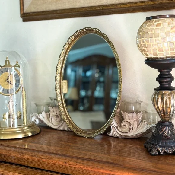 Vintage 1950s Gold Filigree Vanity Tray Wall Mirror Hollywood Regency